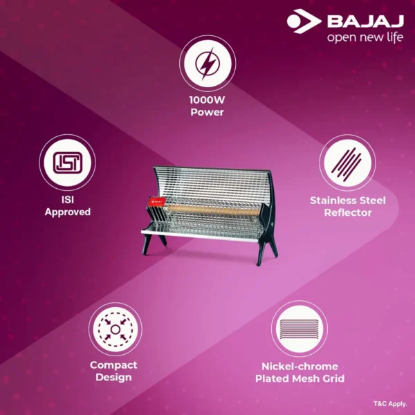 Bajaj Flashy Radiant Room Heater for Home | Stainless Steel Heat Reflector | Nickel-Chrome Mesh | Adjustable Thermostat | 1000W Ceramic Heater for Winter | Electric Room Heater | 2-Year Warranty by Bajaj